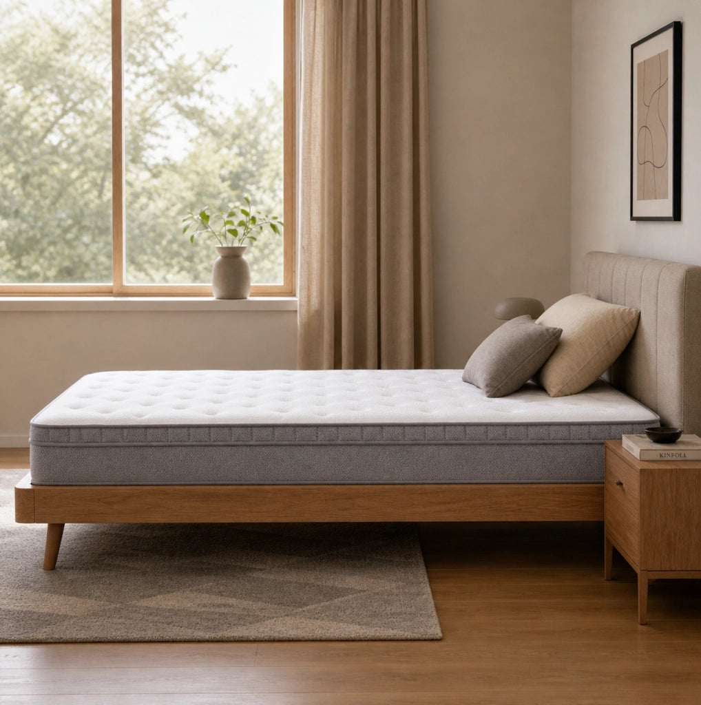 Materasso IVMEU 140x200 cm alto 25 cm, in schiuma e molle con 7 zone e bordi rinforzati, bianco antico