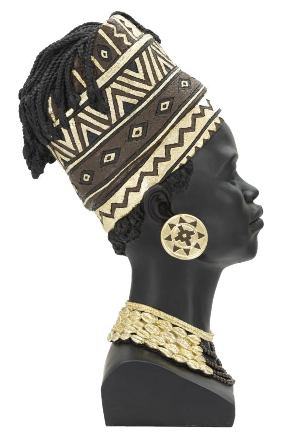 Statua Testa di Donna con Turbante e Gioielli Etnici Turbal Naturale