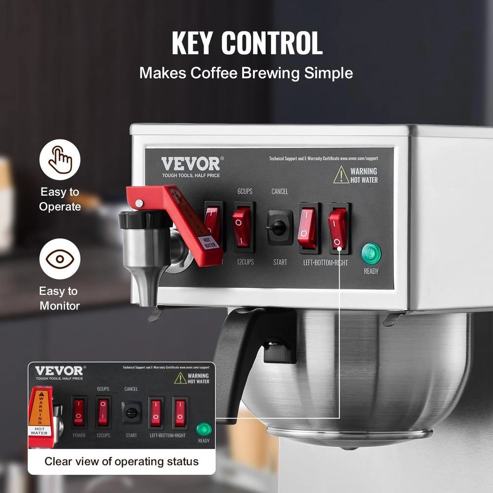 Macchina da Caffè con Filtro Commerciale in Acciaio Inox FRB-286-BD3, 12 Tazze, con 3 Caraffe in Vetro e 3 Piastre Riscaldanti per Ufficio e Bar