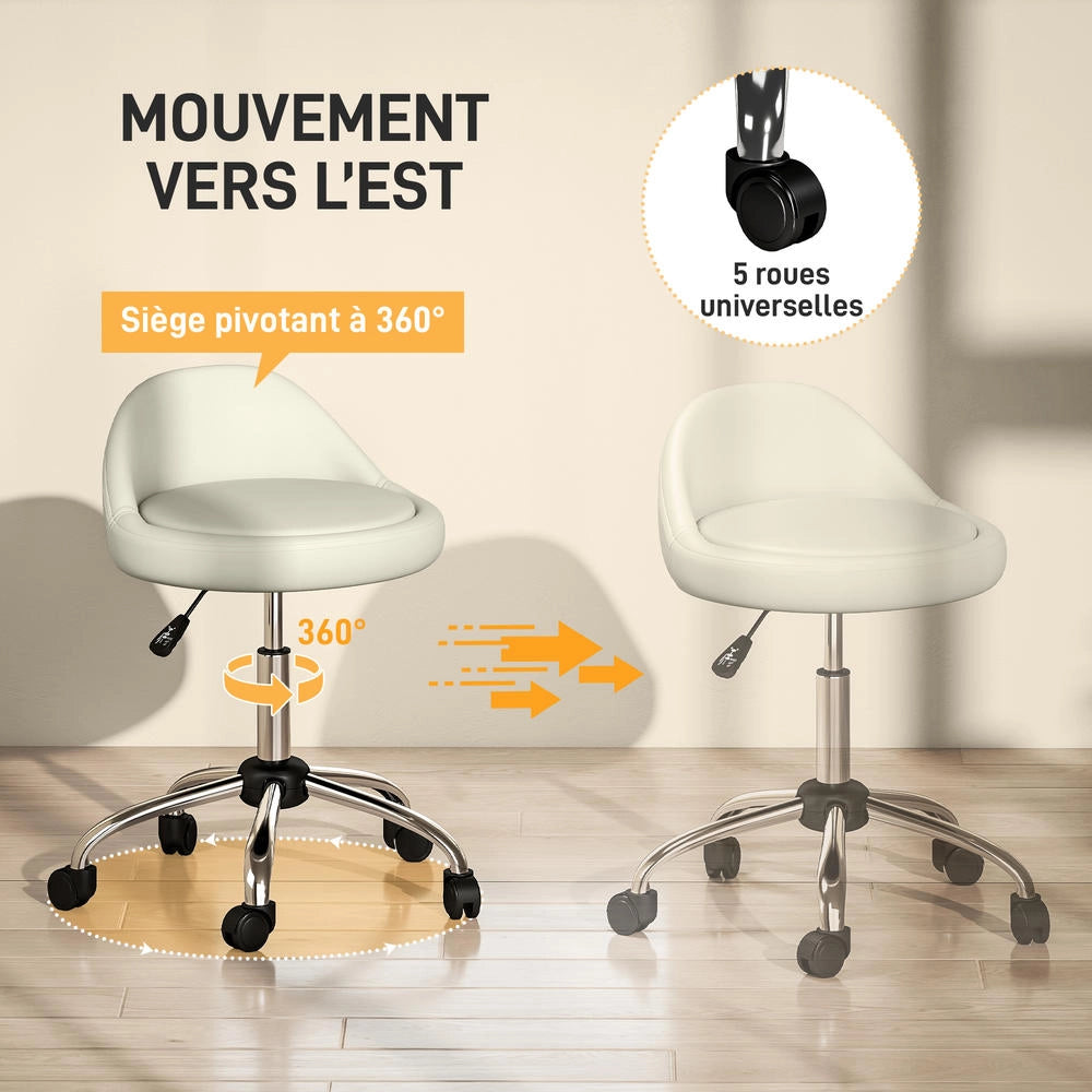 Sgabello da lavoro con ruote girevole 360° regolabile 53-73 cm con schienale rivestimento sintetico bianco per studio officina e casa