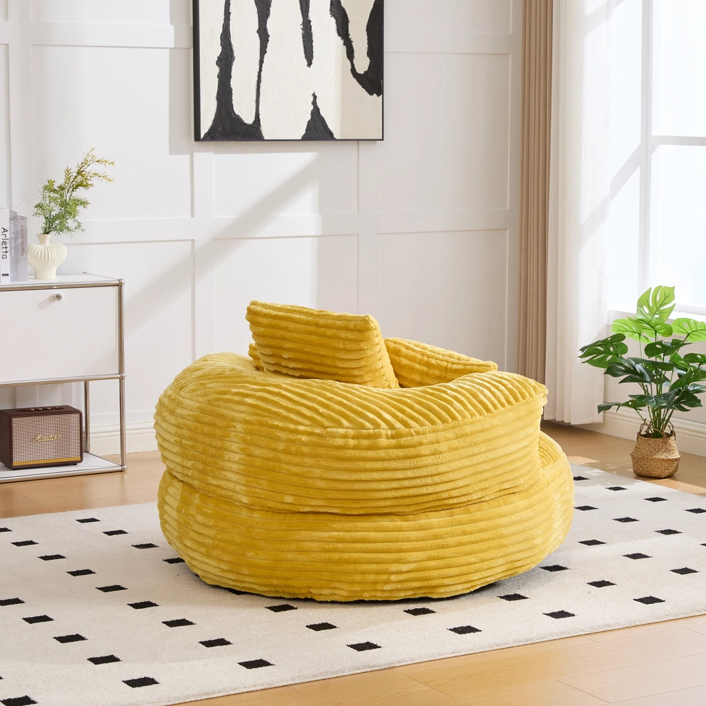 Poltrona sacco per adulti 108x108x52 cm in velluto a coste giallo senape; schienale alto e braccioli
