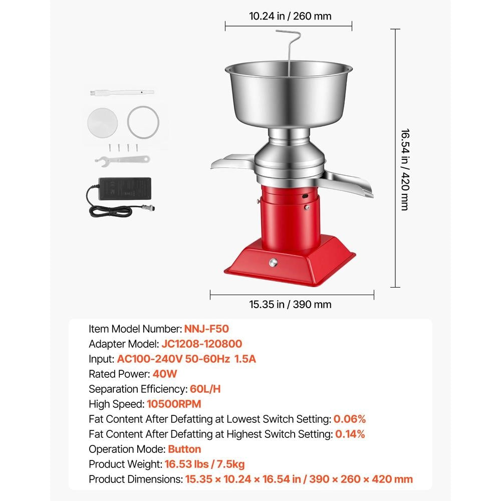 Separatore di Latte Elettrico 40W 60L/h Centrifuga Scrematrice in Acciaio Inox 304 con Serbatoio 4,5L 10500 giri/min NNJ-F50 per Cucina