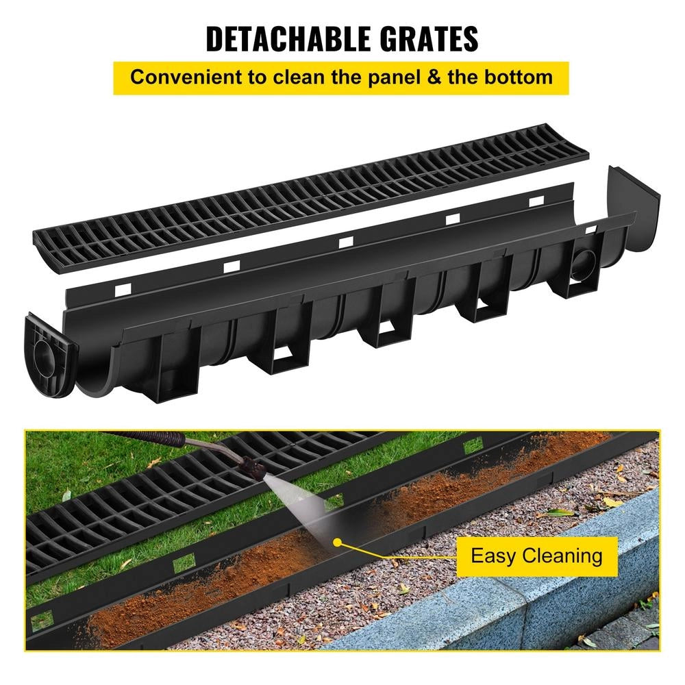 Per giardino e garage: sistema di drenaggio a trincea HDPE nero PSG100*100 15 x 13 x 100 cm, confezione da 3 con griglia rimovibile e 3 tappi