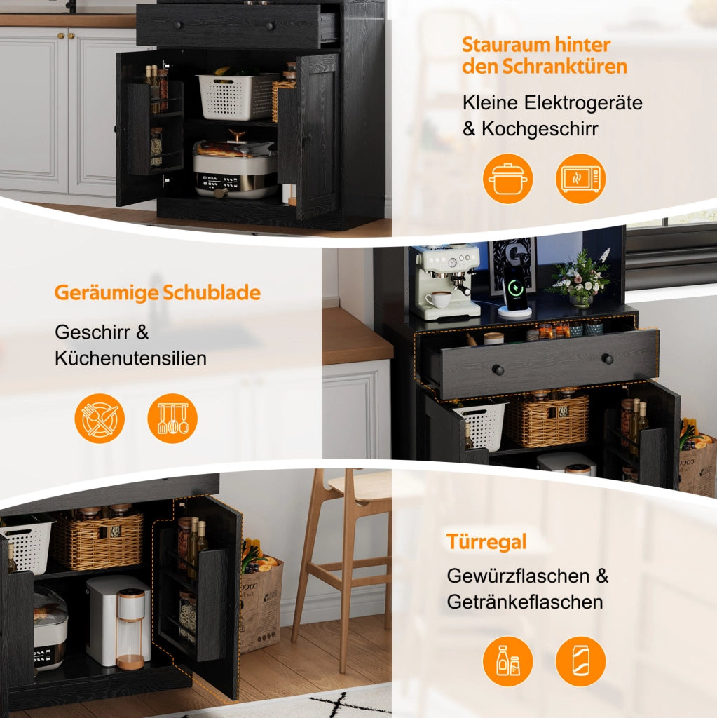 Mobile alto da cucina nero 72 × 40 × 180 cm con LED e prese USB