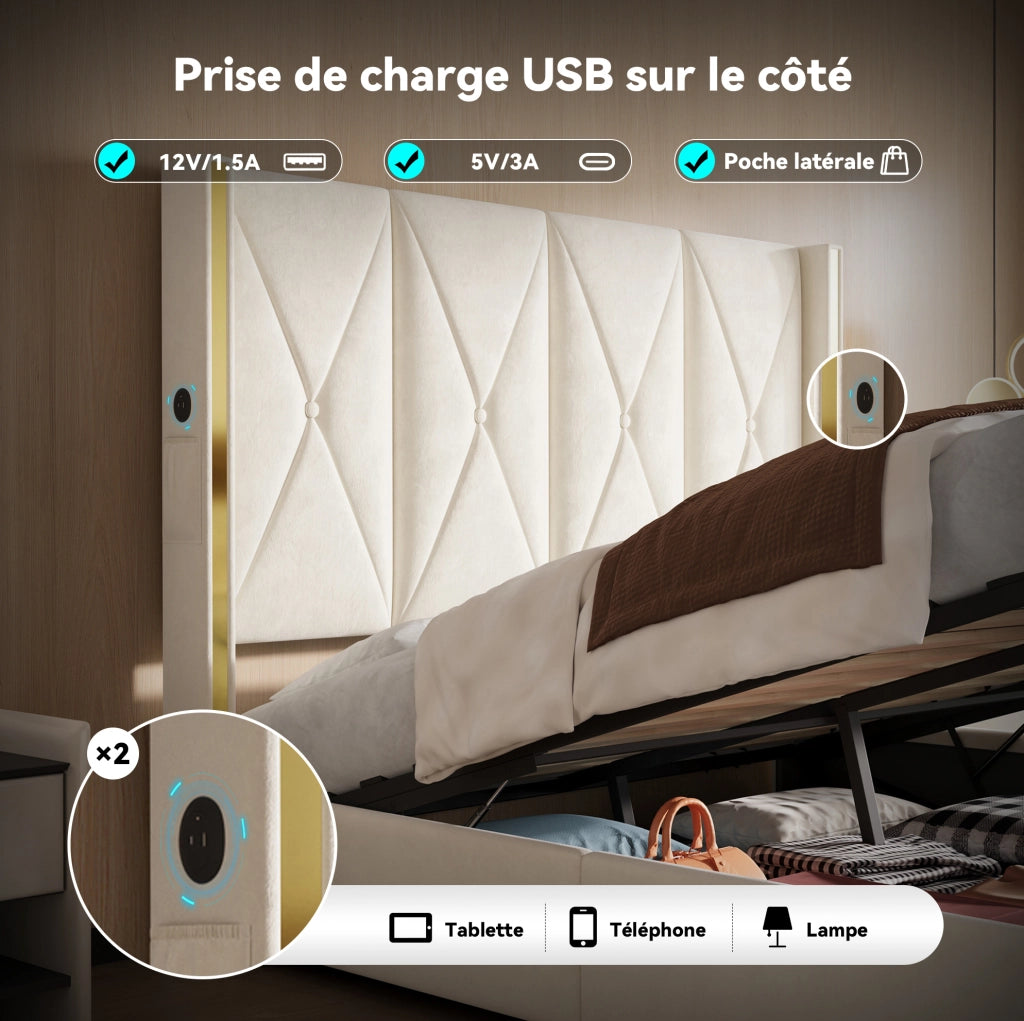 Letto contenitore matrimoniale 160x200 cm; con sollevamento idraulico; porte USB e Type-C; luce LED; in velluto beige; senza materasso