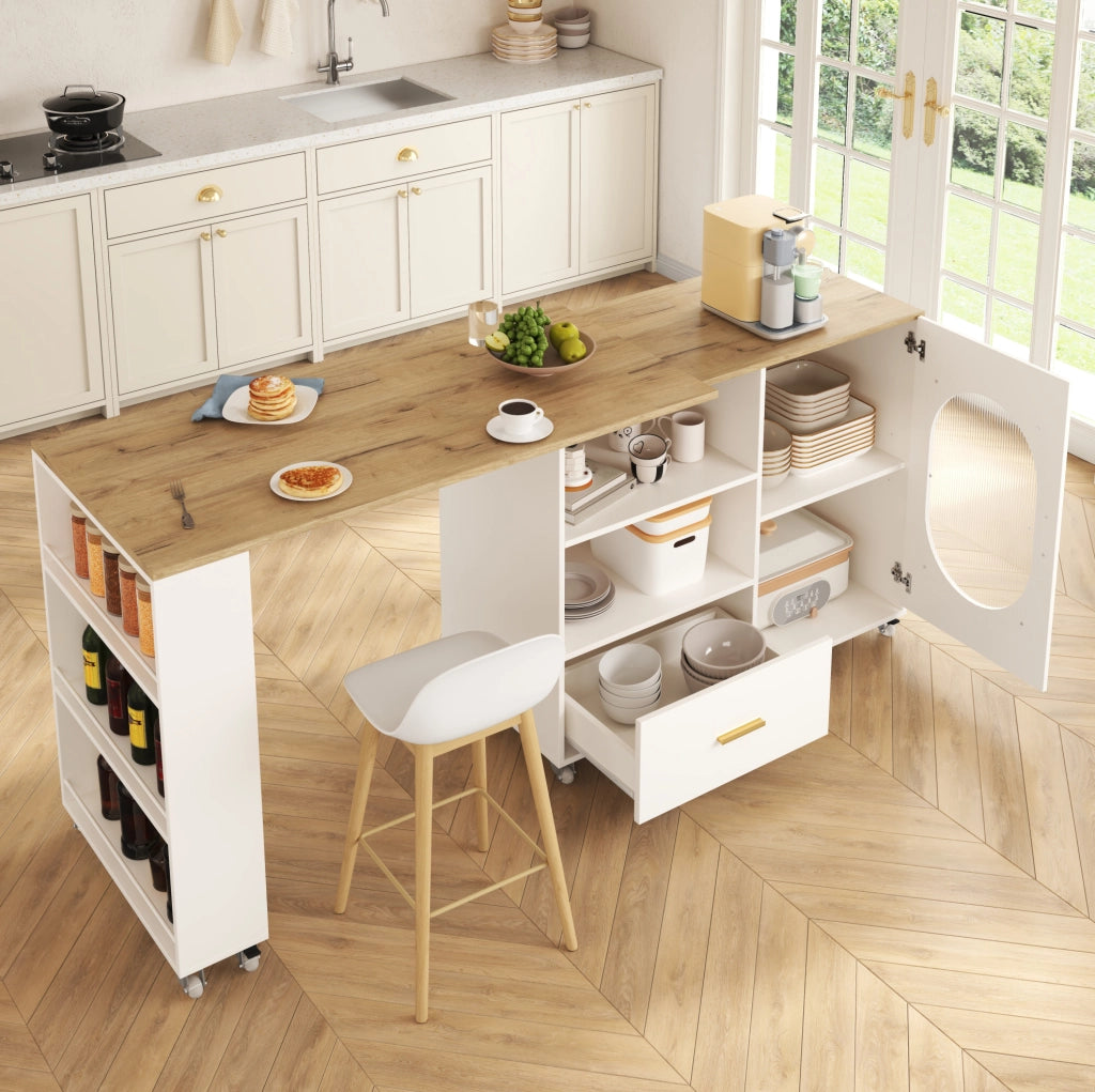 Isola cucina mobile con piano girevole 360°, tavolo bar con cassetto, anta in vetro scanalato e ripiano regolabile, 120-180×60×90 cm, naturale/bianco