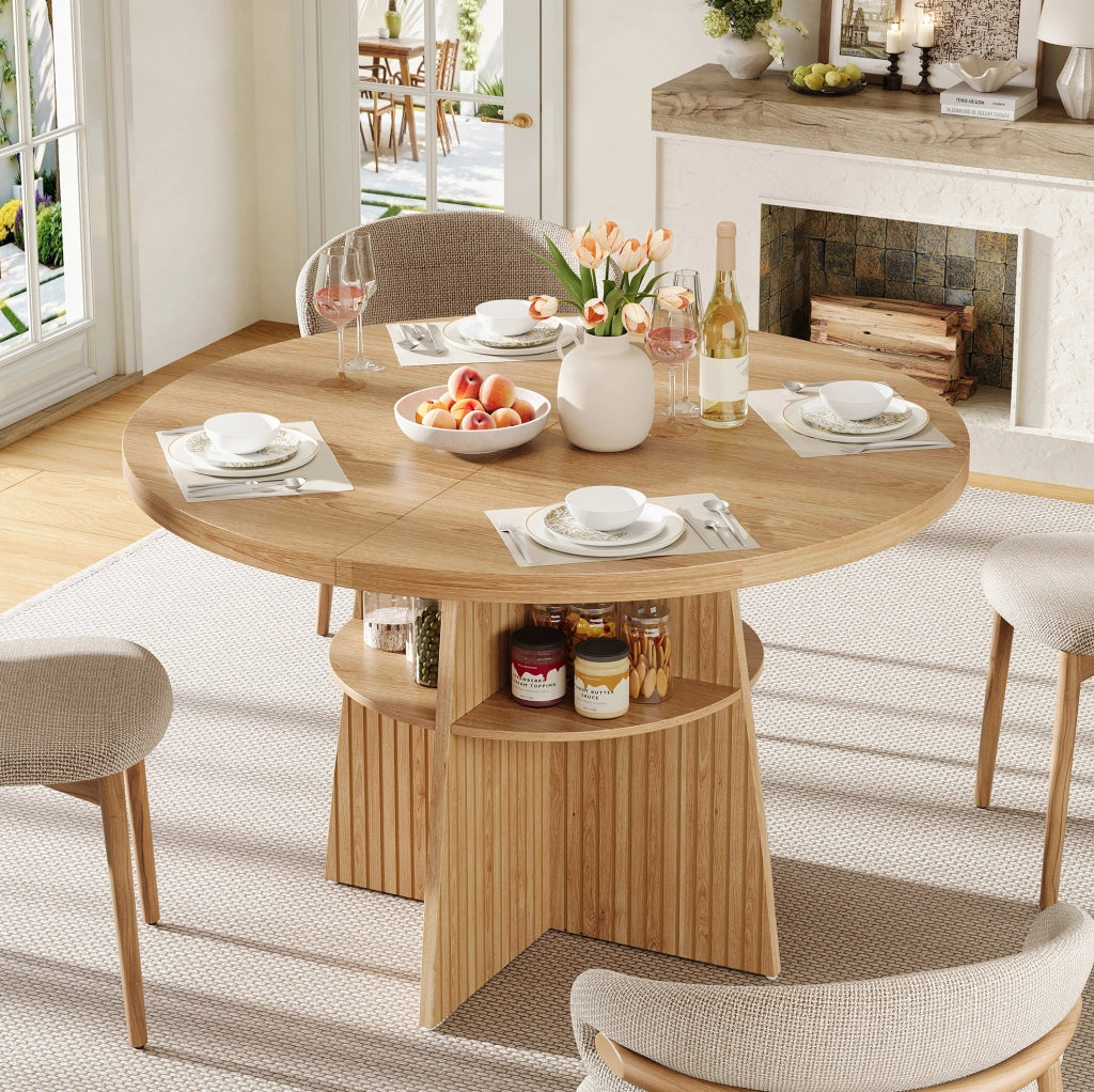 Tavolo da pranzo allungabile IVMEU 110-150x110 cm in MDF effetto legno naturale, con ripiano inferiore