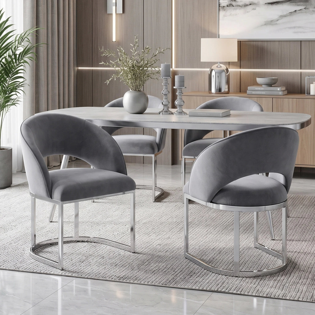 Set di 6 sedie da pranzo IVMEU in velluto grigio con gambe in metallo argentato, 59x56x80 cm