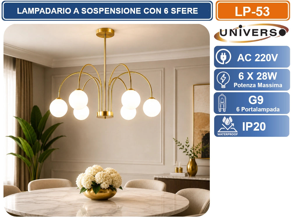 UNIVERSO LP-53 LAMPADARIO MODERNO 6 LUCI ORO SATINATO CON PARALUMI SFERICI BIANCHI ATTACCO G9 DESIGN ELEGANTE