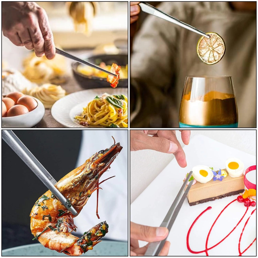 2 pezzi pinzette di precisione, pinzetta da cucina, pinzetta fine in acciaio inossidabile, pinzetta extra lunga in acciaio inossidabile, per cuocere al forno, impiattare e grigliare