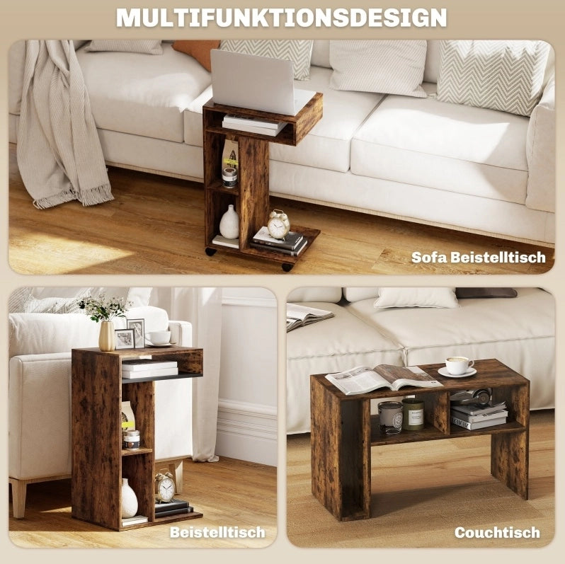 Carrello da servire a forma di C con 4 ruote e 3 ripiani, 40x30x69 cm, marrone rustico