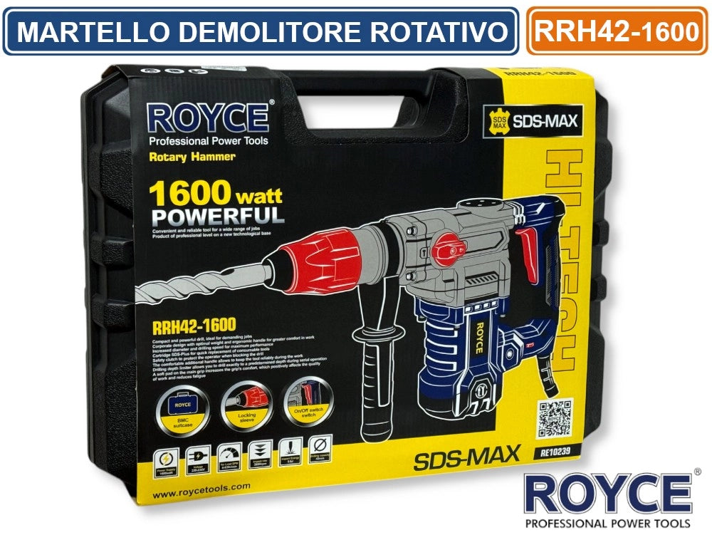 MARTELLO ROTATIVO DEMOLITORE SCALPELLATORE PERFORATORE 1600 WATT SDS MAX FORO RRH42 3800BPM 9.0 JOUL