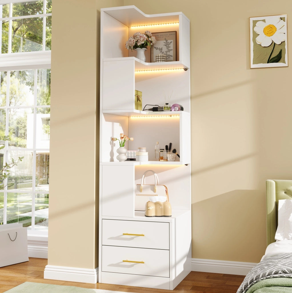 Libreria angolare 165x45x45 cm con LED multicolore; 4 livelli e 2 cassetti; bianca
