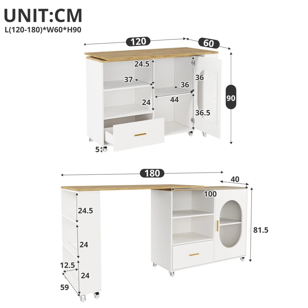 Isola cucina mobile con piano girevole 360°, tavolo bar con cassetto, anta in vetro scanalato e ripiano regolabile, 120-180×60×90 cm, naturale/bianco