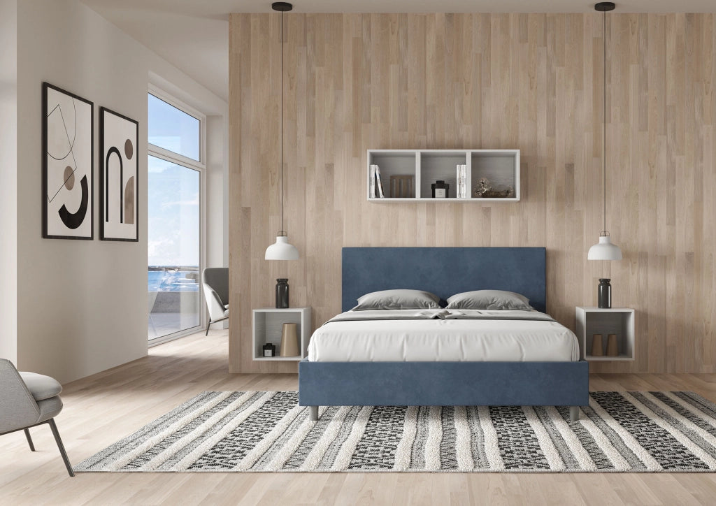 Letto Matrimoniale Imbottito in Microfibra 150x190 Con Rete Adele Blu