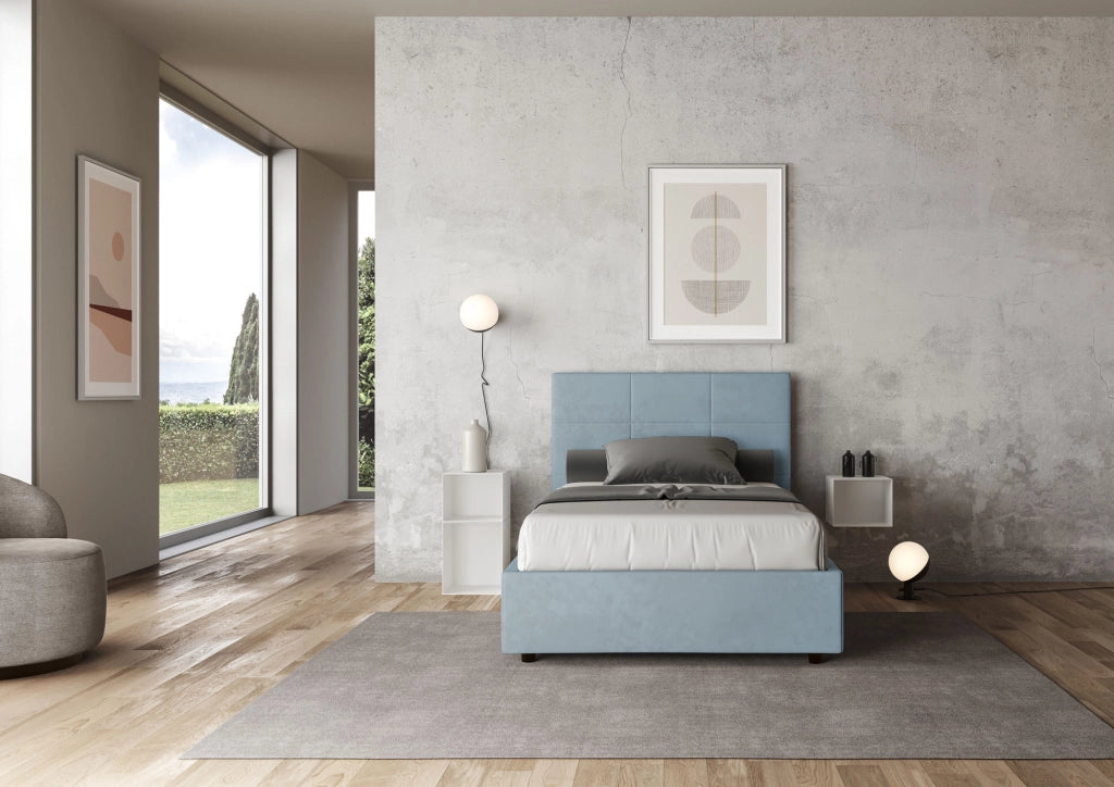 Letto una Piazza e Mezza Imbottito in Microfibra 130x190 Con Rete Mika Azzurro