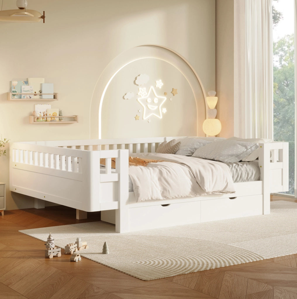 Letto per bambini 140 x 200 cm bianco con sponde e 2 cassetti