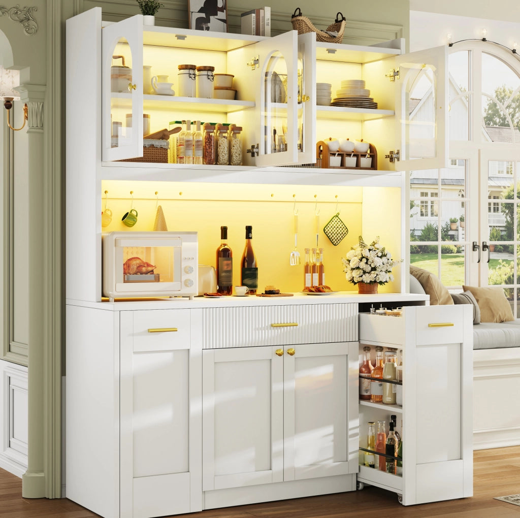 Mobile alto da cucina IVMEU 120x40x187 cm con 3 vetrine, cassetti, ripiani laterali estraibili e LED RGB, bianco