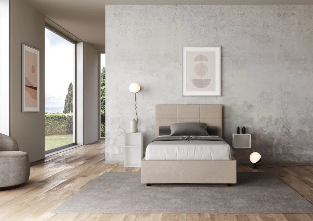 Letto una Piazza e Mezza Imbottito in Microfibra 130x190 Con Rete Mika Sabbia