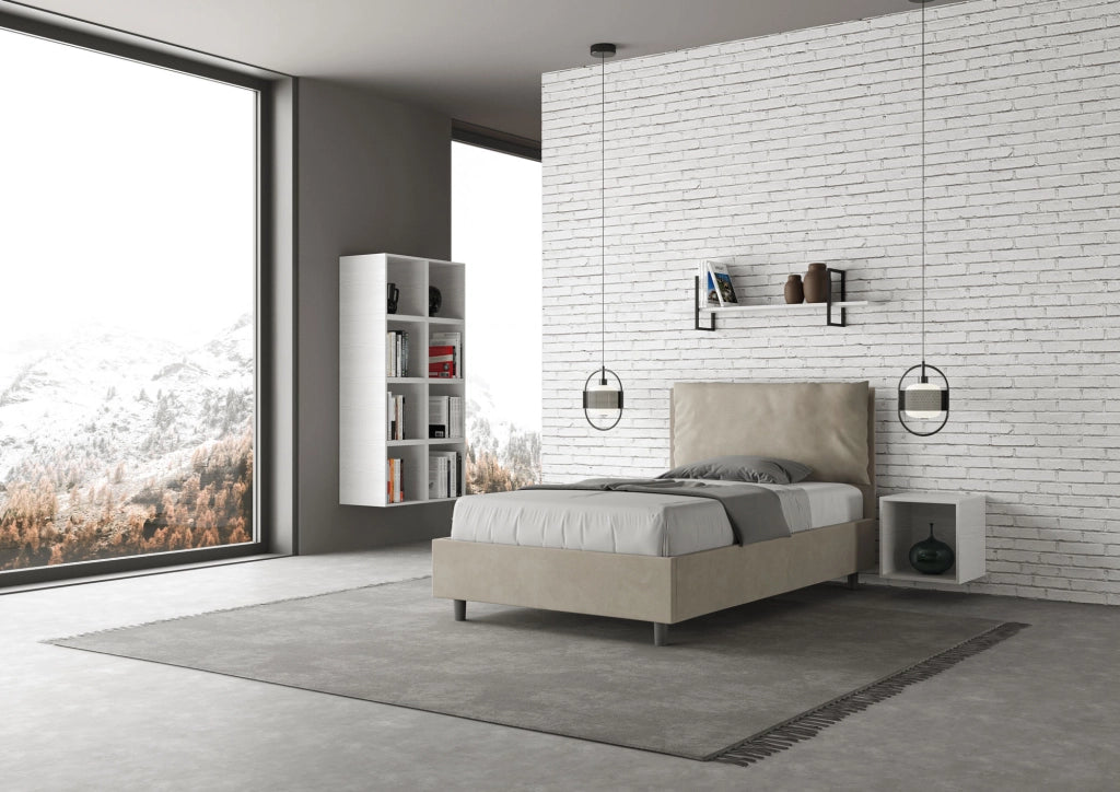 Letto una piazza e mezza rivestito in Microfibra con cuscini xl 110x190 Con Rete e Contenitore Antea Large Sabbia