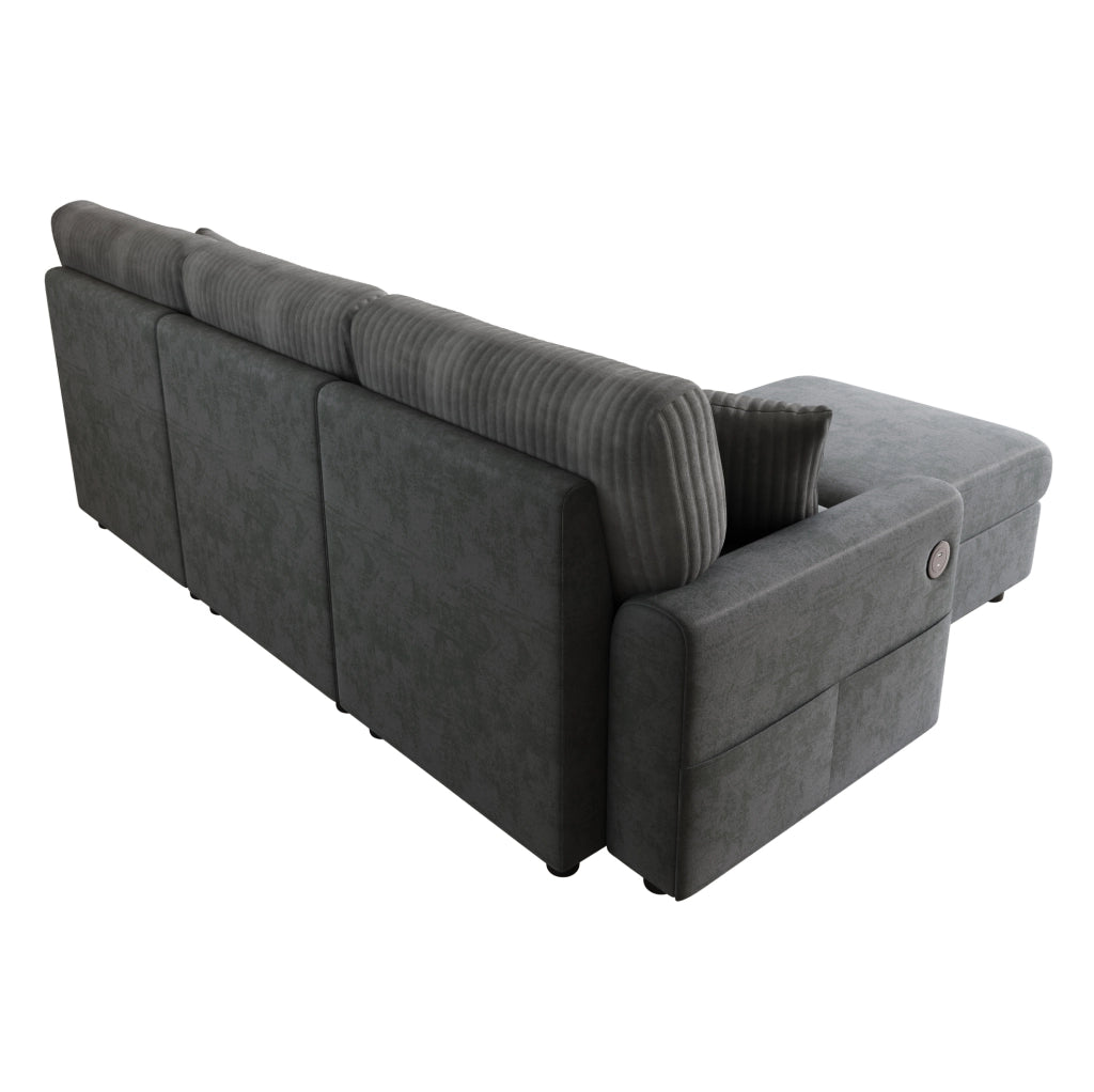 Divano 223x146 cm in ciniglia e velluto a coste grigio con USB e USB-C