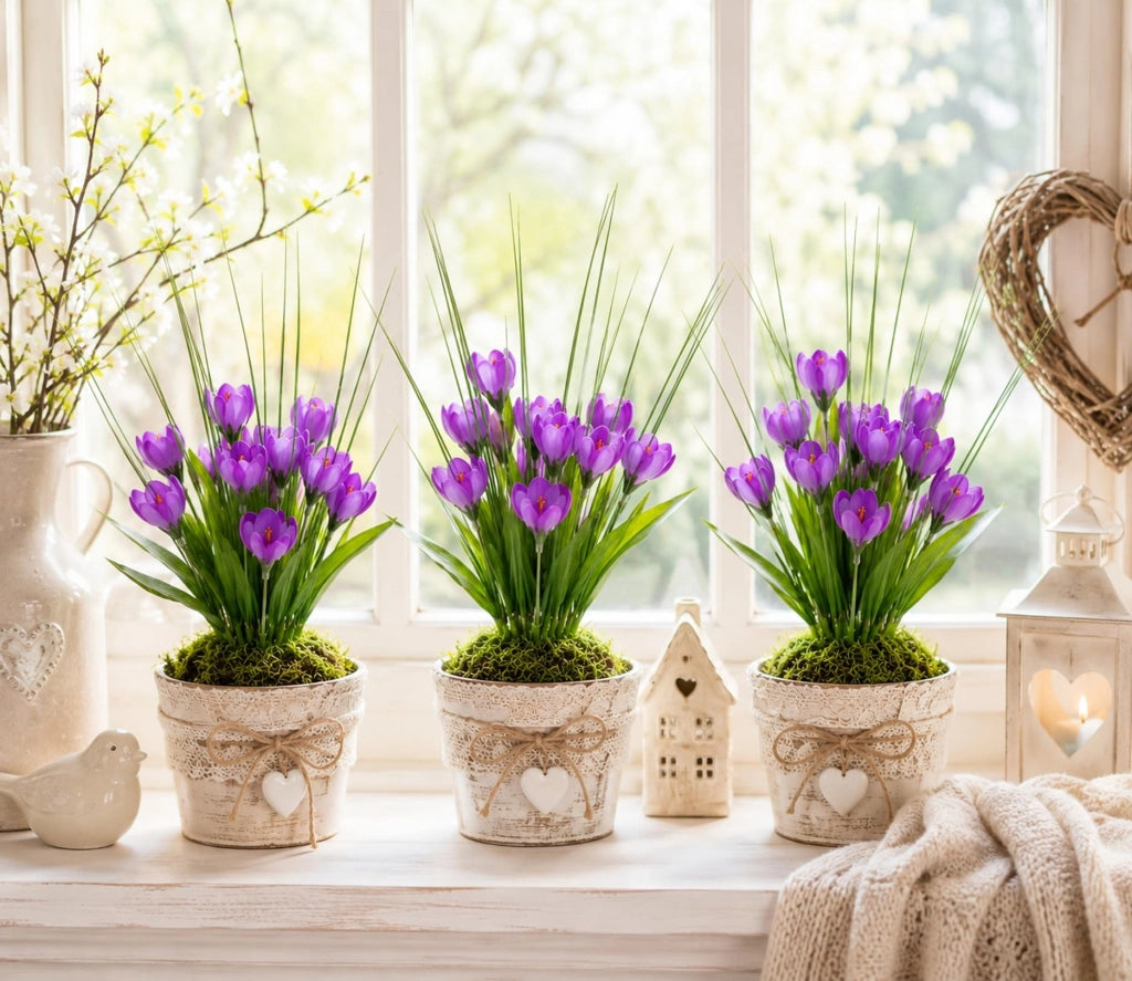 "Crocus artificiali, verde, 25 cm, set da 3, decorazione primaverile."