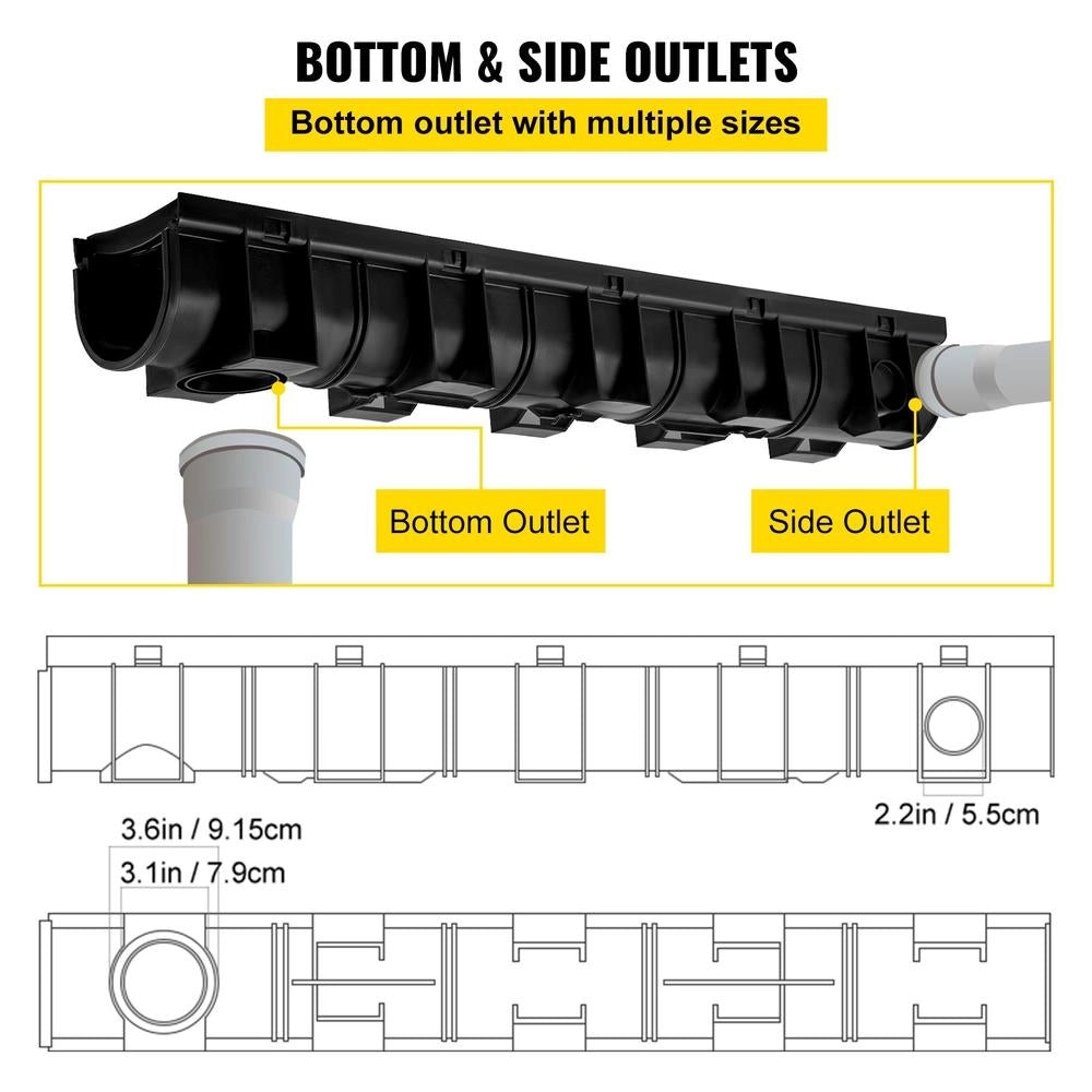 Per giardino e garage: sistema di drenaggio a trincea HDPE nero PSG100*100 15 x 13 x 100 cm, confezione da 3 con griglia rimovibile e 3 tappi