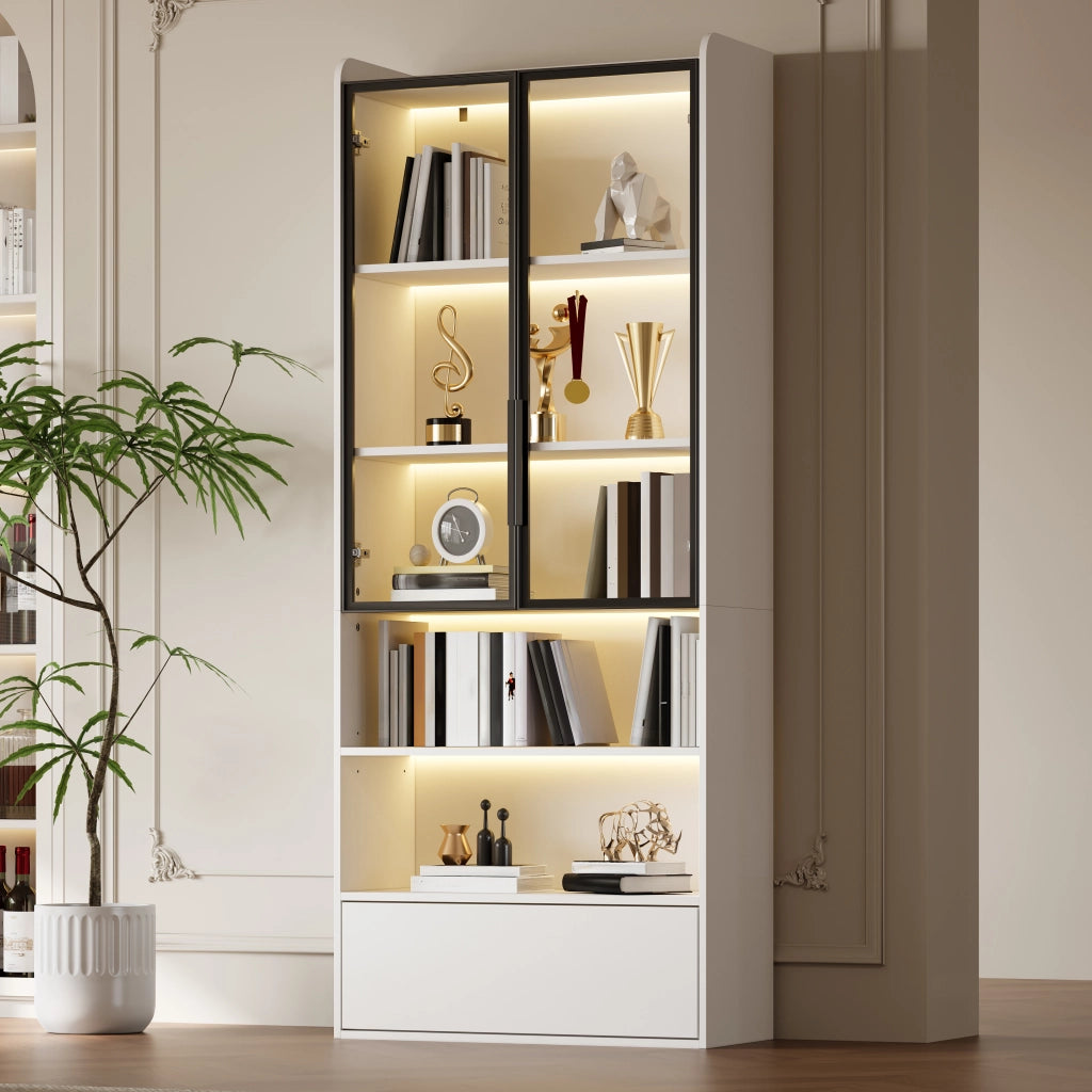 Vetrina alta 80x34x180 cm con LED controllabile tramite app; 1 cassetto e ante in vetro; MDF bianco