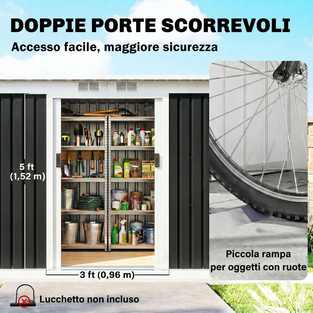 Casetta da Giardino Porta Attrezzi in Acciaio Galvanizzato con Porte Scorrevoli 280x130x172cm Grigio-Nero Robusto Capanno per Esterno
