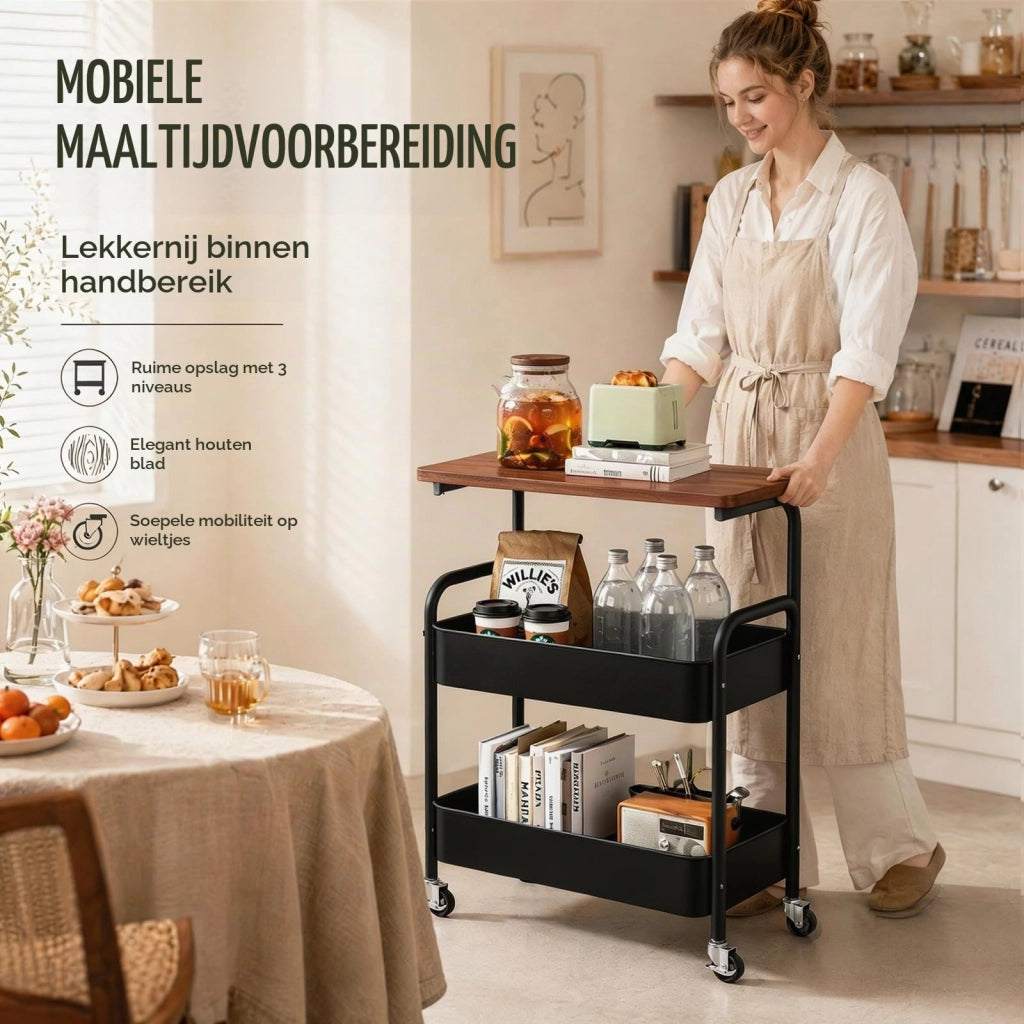 Carrello da cucina a 3 ripiani, carrello mobile, 43x30x77 cm, nero