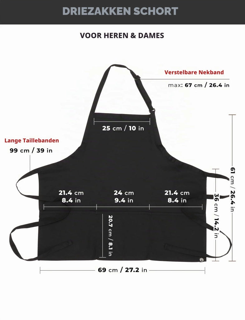 Grembiule a pettorina con tre tasche, nero