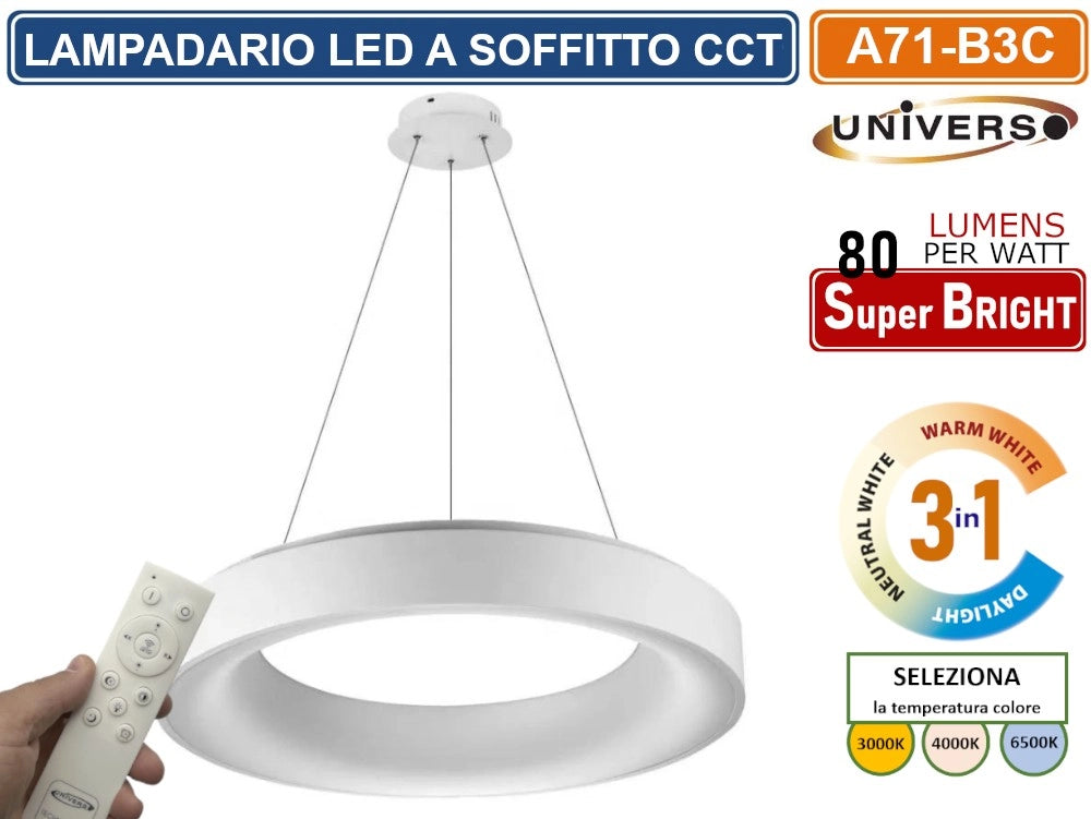 UNIVERSO A71-B3C LAMPADARIO LED SMD A SOSPENSIONE DESIGN CIRCOLARE 43W COLORE BIANCO CCT 3 IN 1 TEMPERATURA LUCE SELEZIONABILE