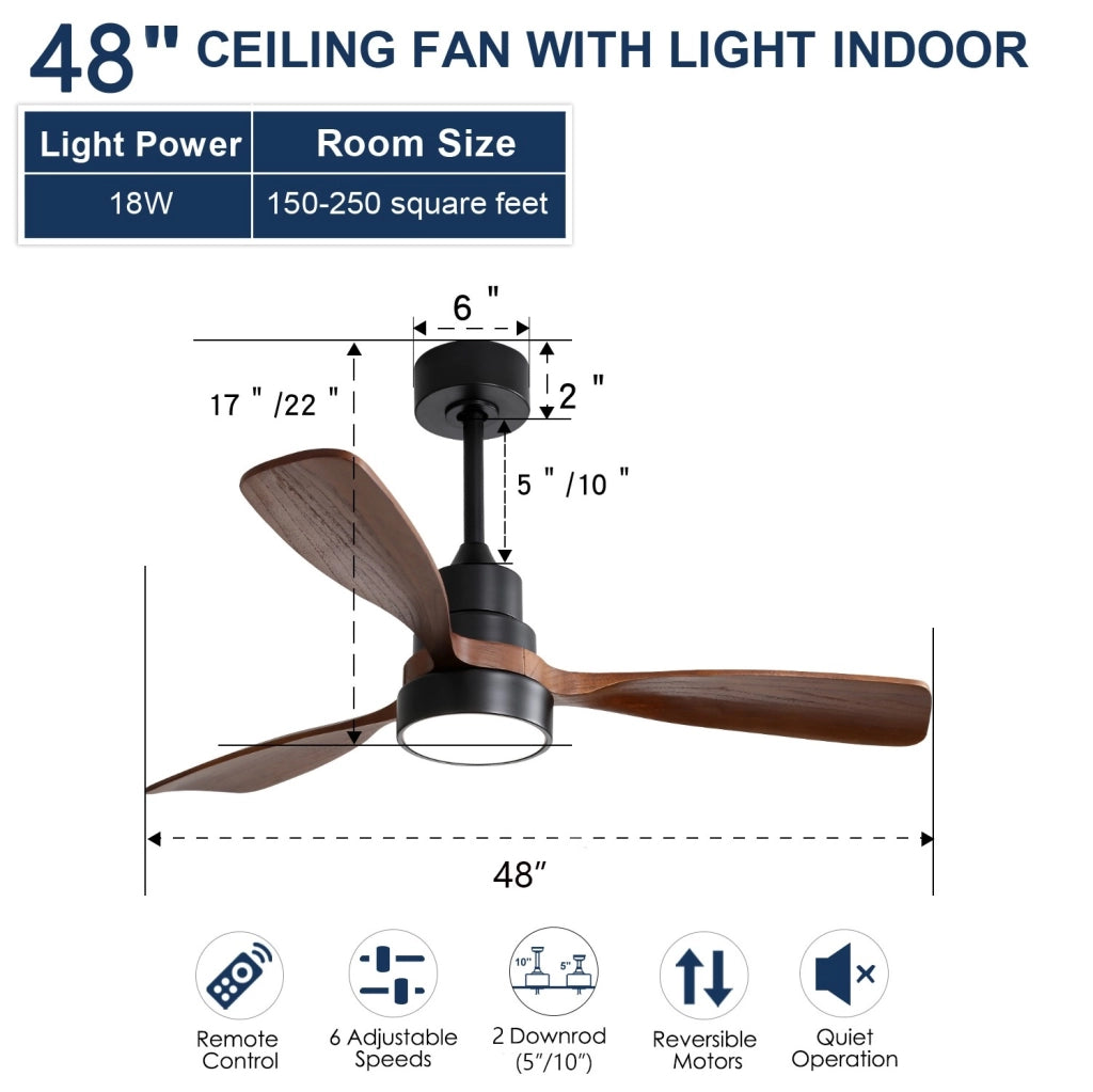 Ventilatore da soffitto 48 pollici con LED, 3 pale in legno massello e telecomando
