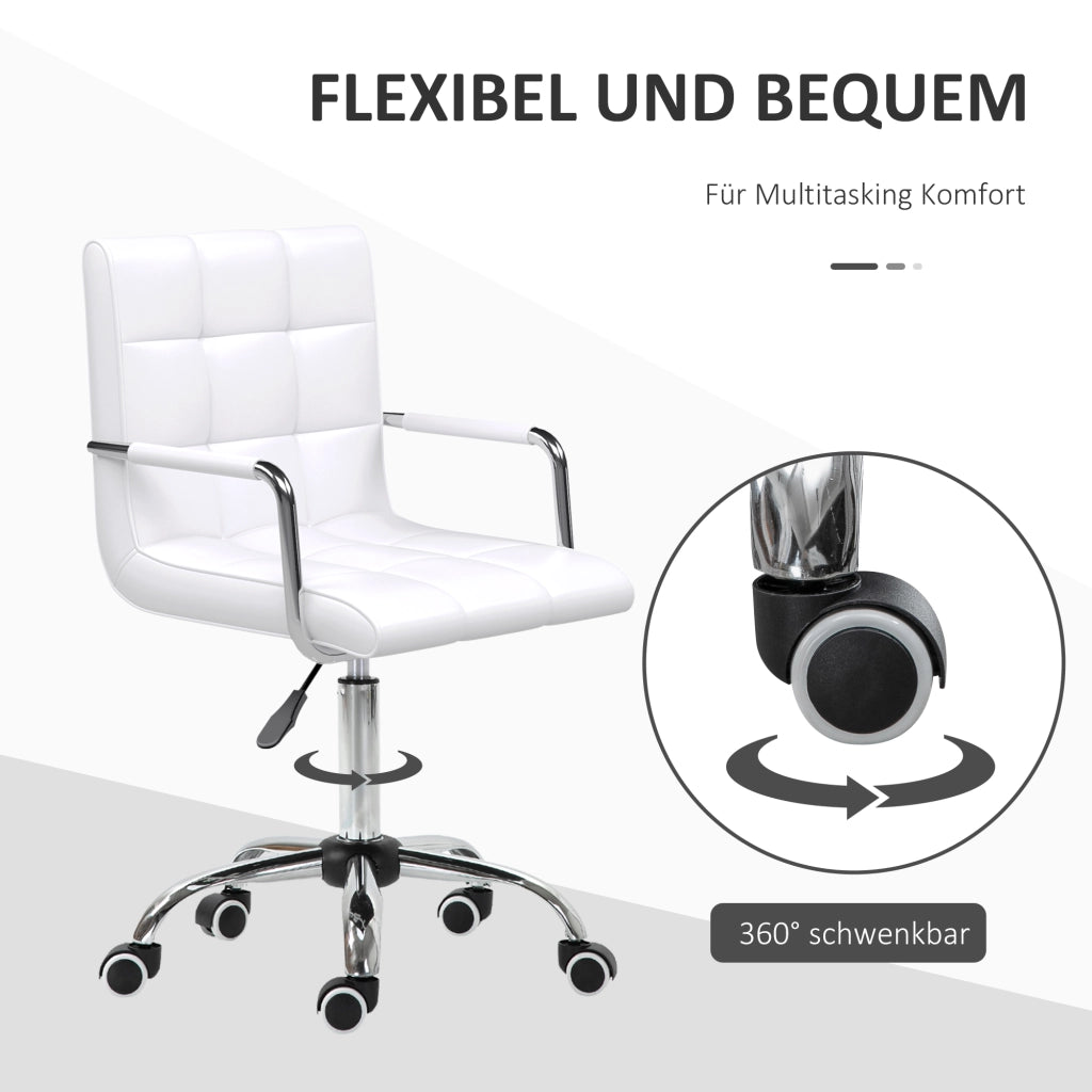 Sedia da ufficio girevole con altezza regolabile; braccioli e imbottitura; rivestimento in PVC bianco; con ruote