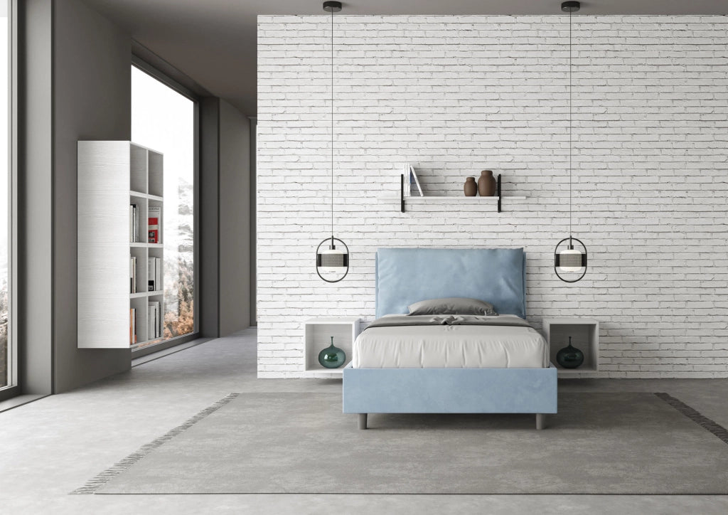 Letto una piazza e mezza rivestito in Microfibra con cuscini xl 130x190 Senza Rete Antea Large Azzurro