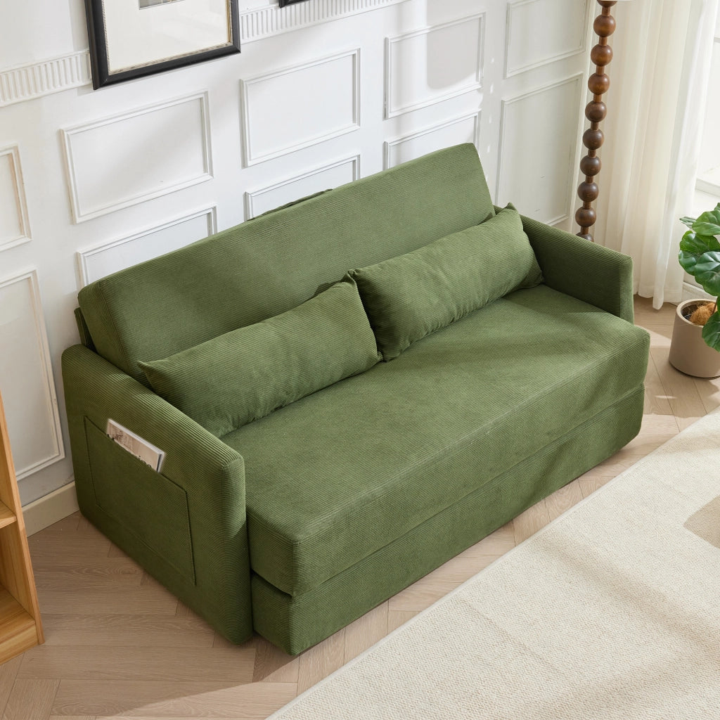 Divano letto 2 posti pieghevole 165 cm; salvaspazio con tasche laterali e 2 cuscini lombari; tessuto a coste verde