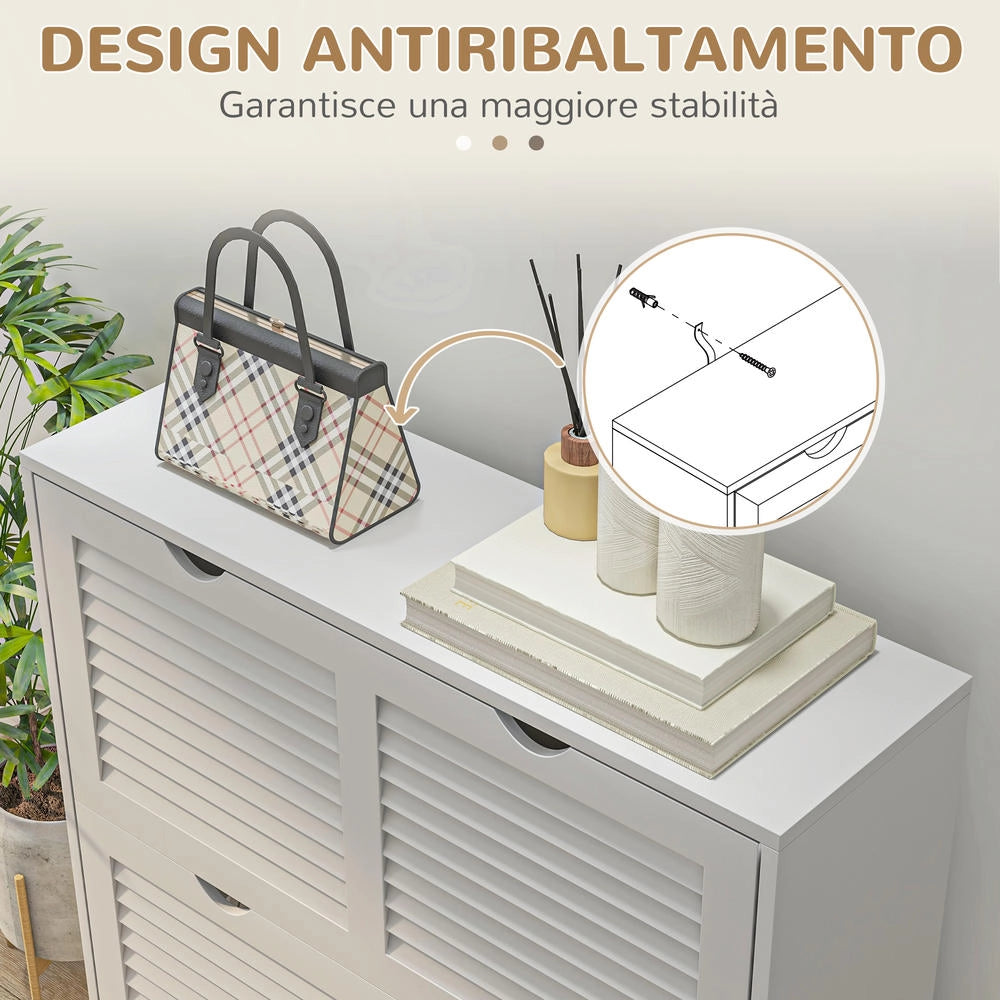 Mobile Scarpiera Salvaspazio in Legno Bianco per 16 Paia di Scarpe con 2 Ante a Ribalta, 81.5x25x83cm, per Casa