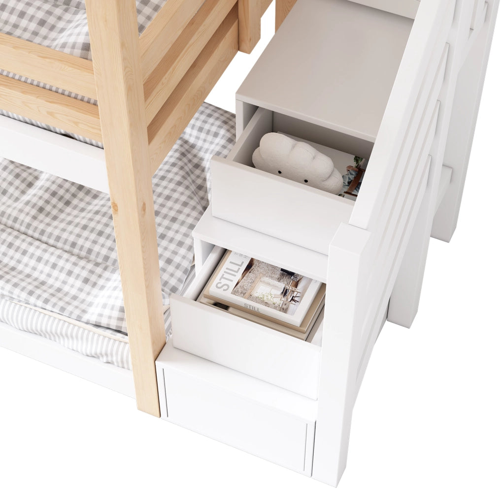 Letto a castello per bambini 90x200 cm; a casetta con scala contenitore; in pino; bianco e naturale; senza materasso