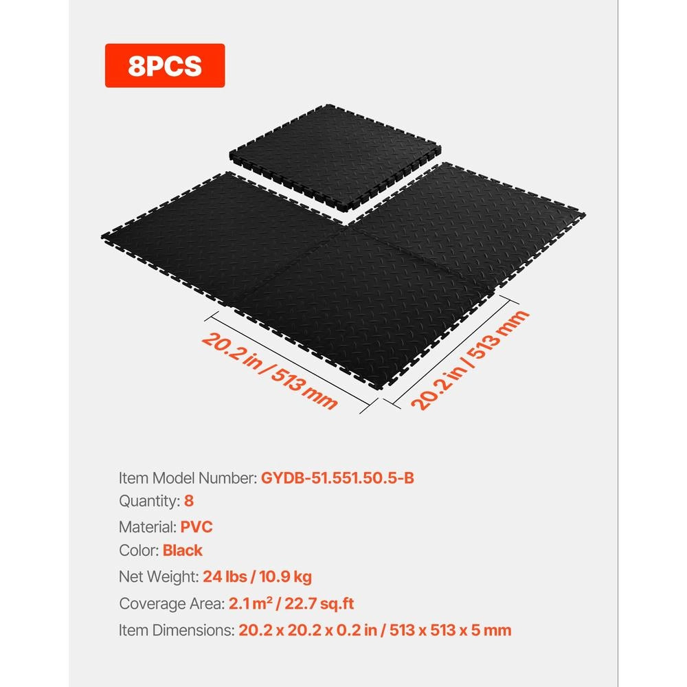 Piastrelle per pavimento garage in PVC nero GYDB-51.551.50.5-B, set 8 pezzi modulari a incastro antiscivolo per officina, 513 x 513 x 5 mm