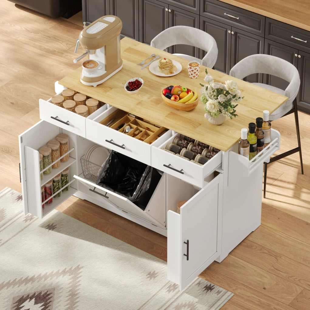 Isola cucina mobile con piano lavoro ribaltabile, carrello con 3 grandi cassetti, 2 armadietti e cassonetto per rifiuti, 136×50(75)×92 cm