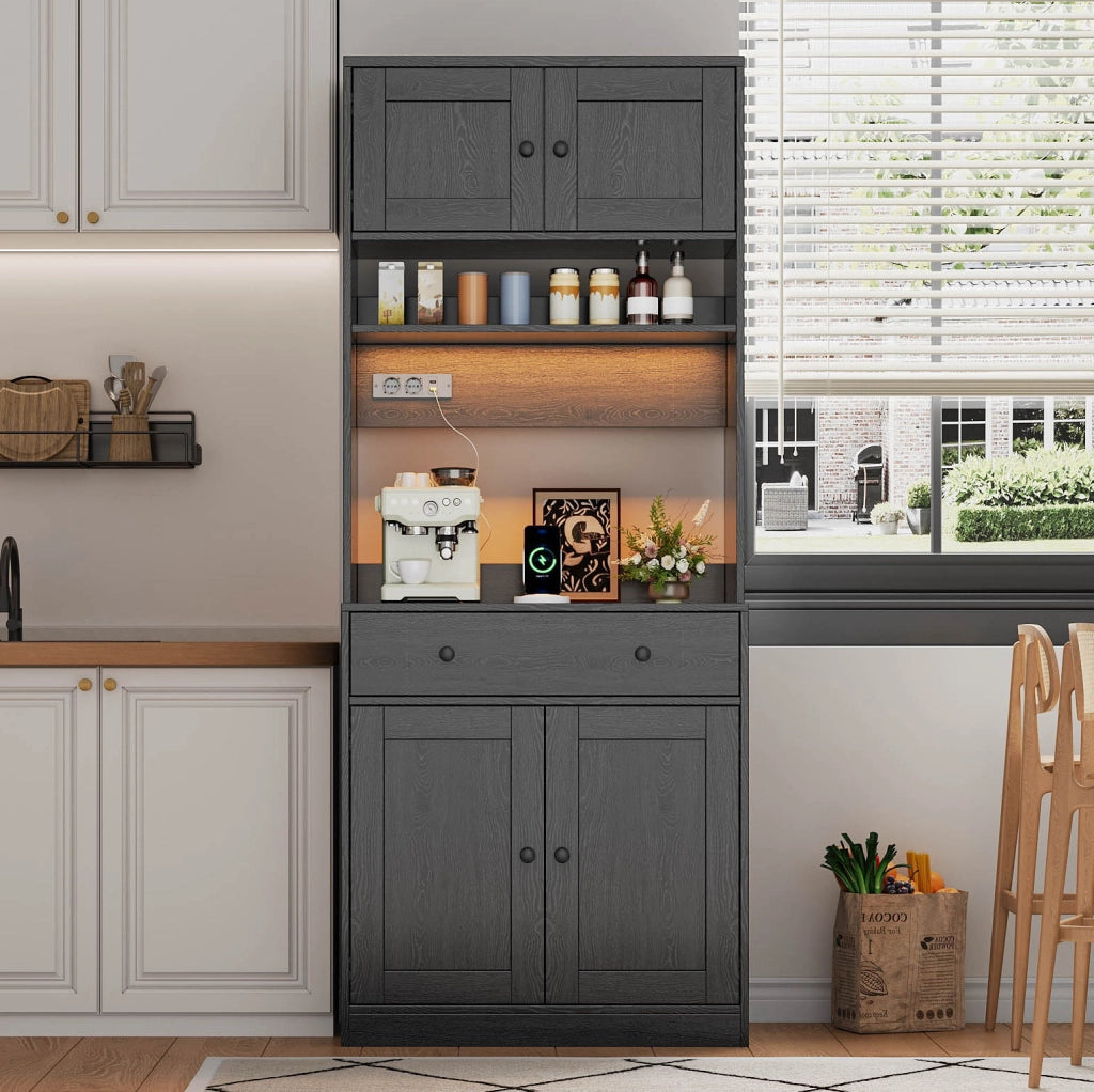 Mobile alto da cucina nero 72 × 40 × 180 cm con LED e prese USB
