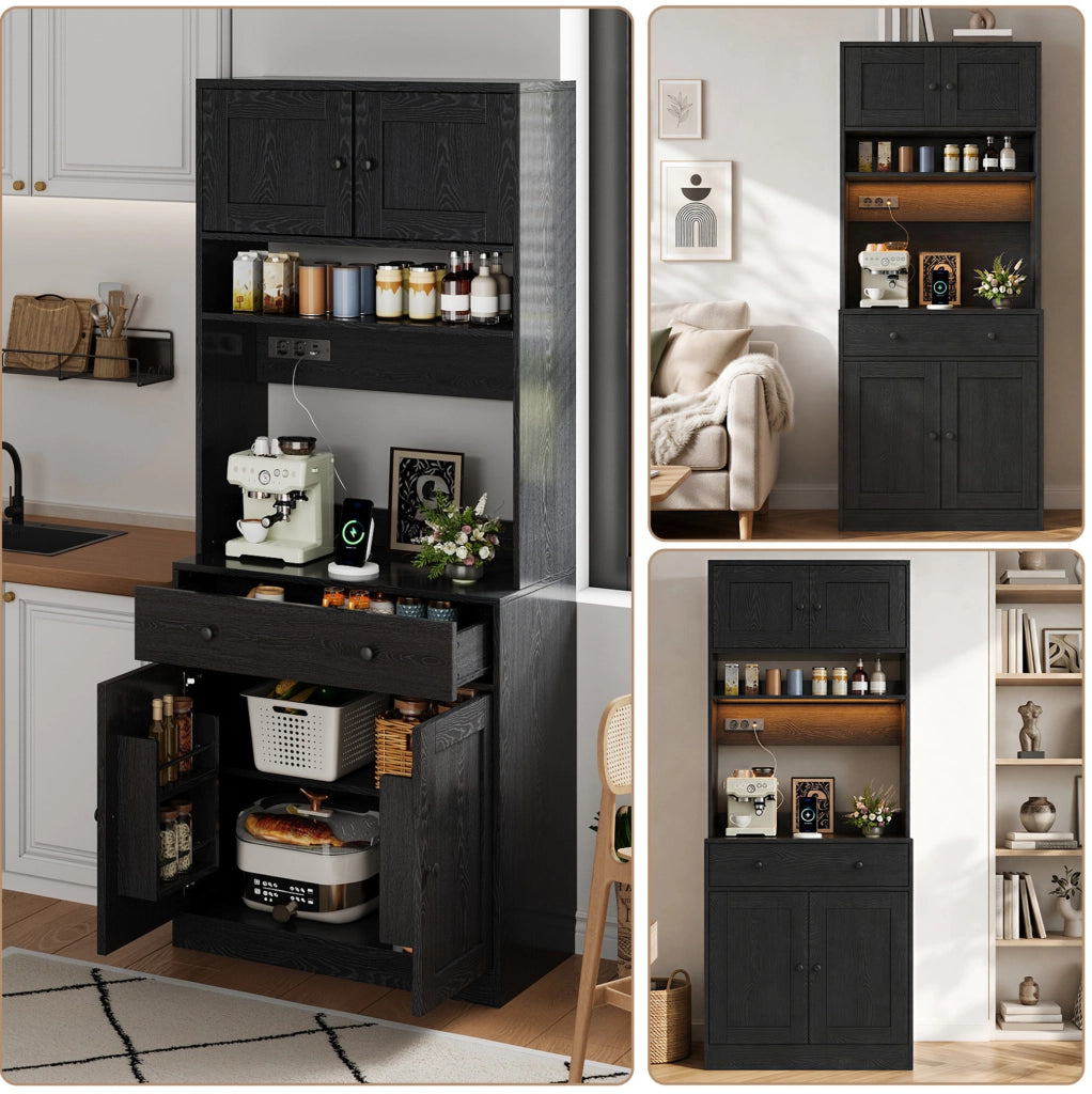 Mobile alto da cucina nero 72 × 40 × 180 cm con LED e prese USB