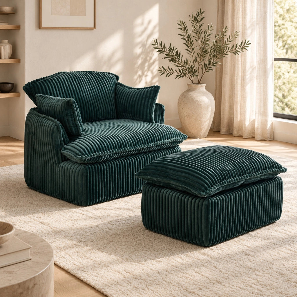 Poltrona compressa 115x89x77 cm con pouf in flanella verde