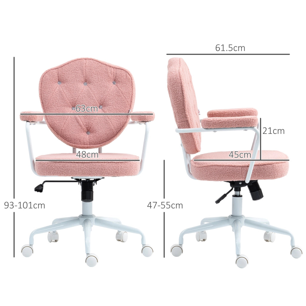 Sedia da ufficio girevole con ruote; altezza regolabile e imbottitura; in tessuto peluche di poliestere; 63x61;5x93-101 cm; rosa