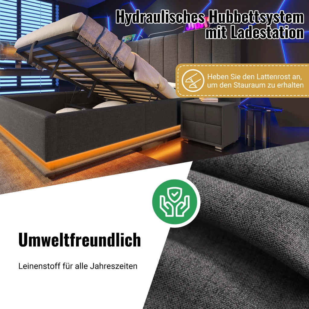 Letto Contenitore 160 x 200 cm, Letto Matrimoniale - LED, 3 USB e Type-C - in Lino Grigio