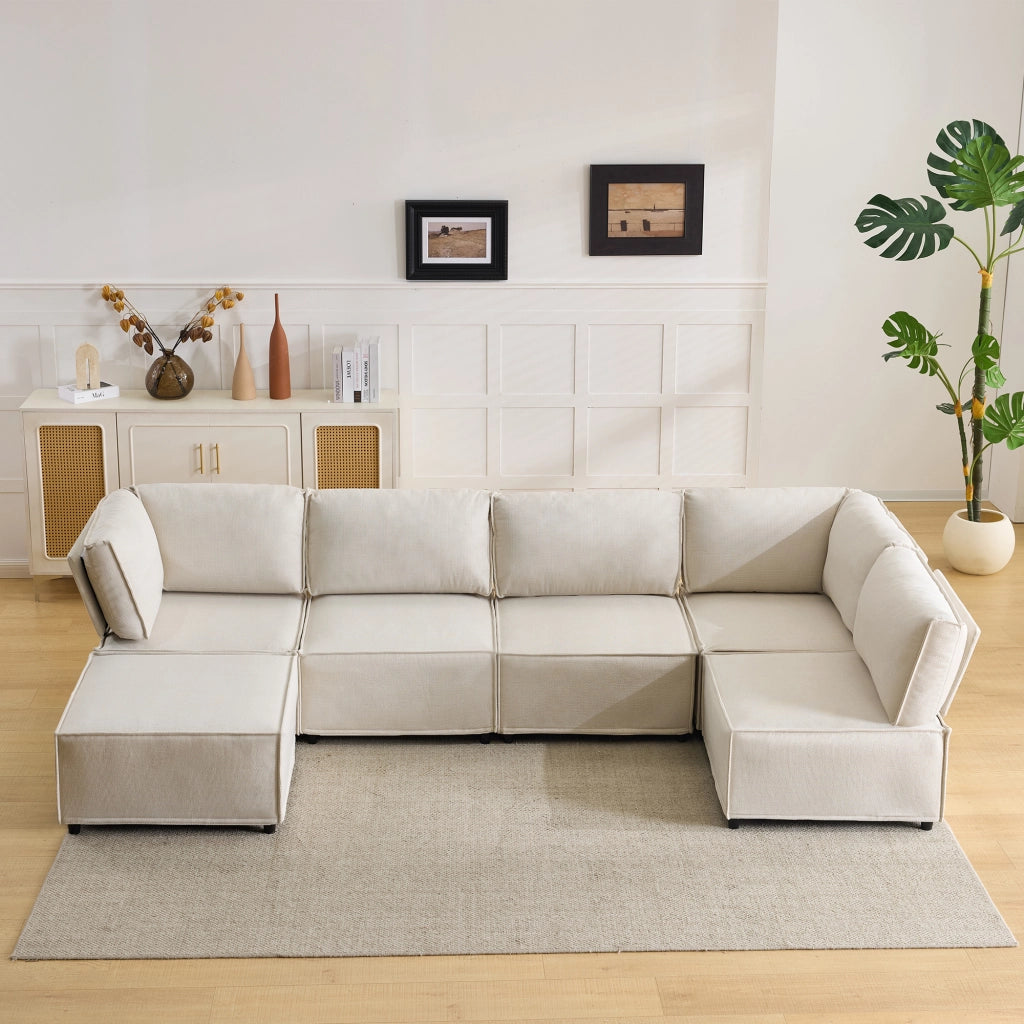 Divano angolare modulare 308x152x77 cm combinabile in legno beige