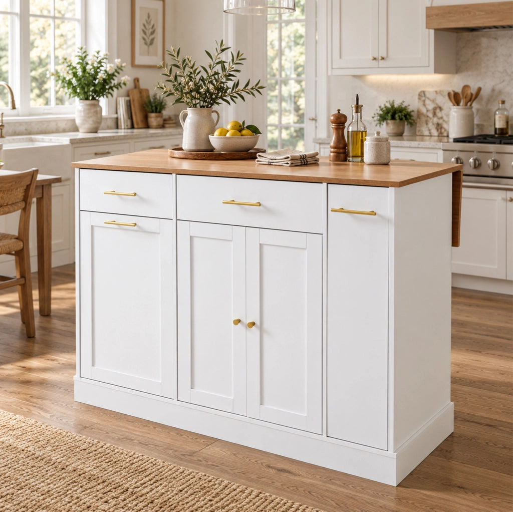 Isola da cucina bianca e naturale con piano pieghevole 120 cm, cassetti, ripiano estraibile e vano per bidone spazzatura