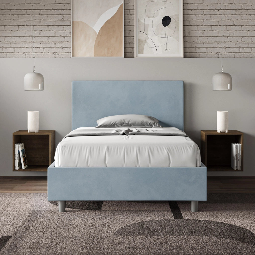 Letto Singolo Imbottito in Microfibra 100x210 Con Rete Adele Azzurro