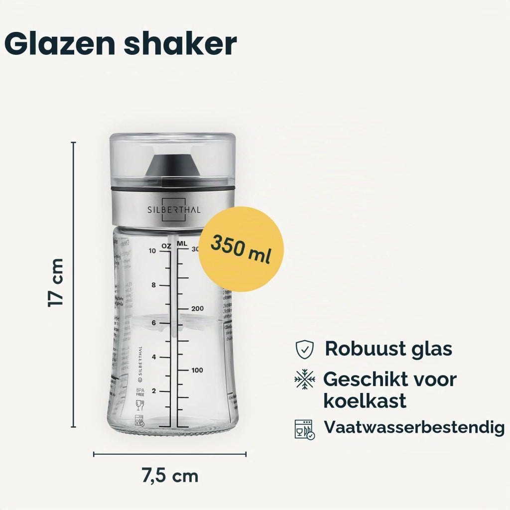 Shaker in vetro da 300 ml, con ricette e dosatore