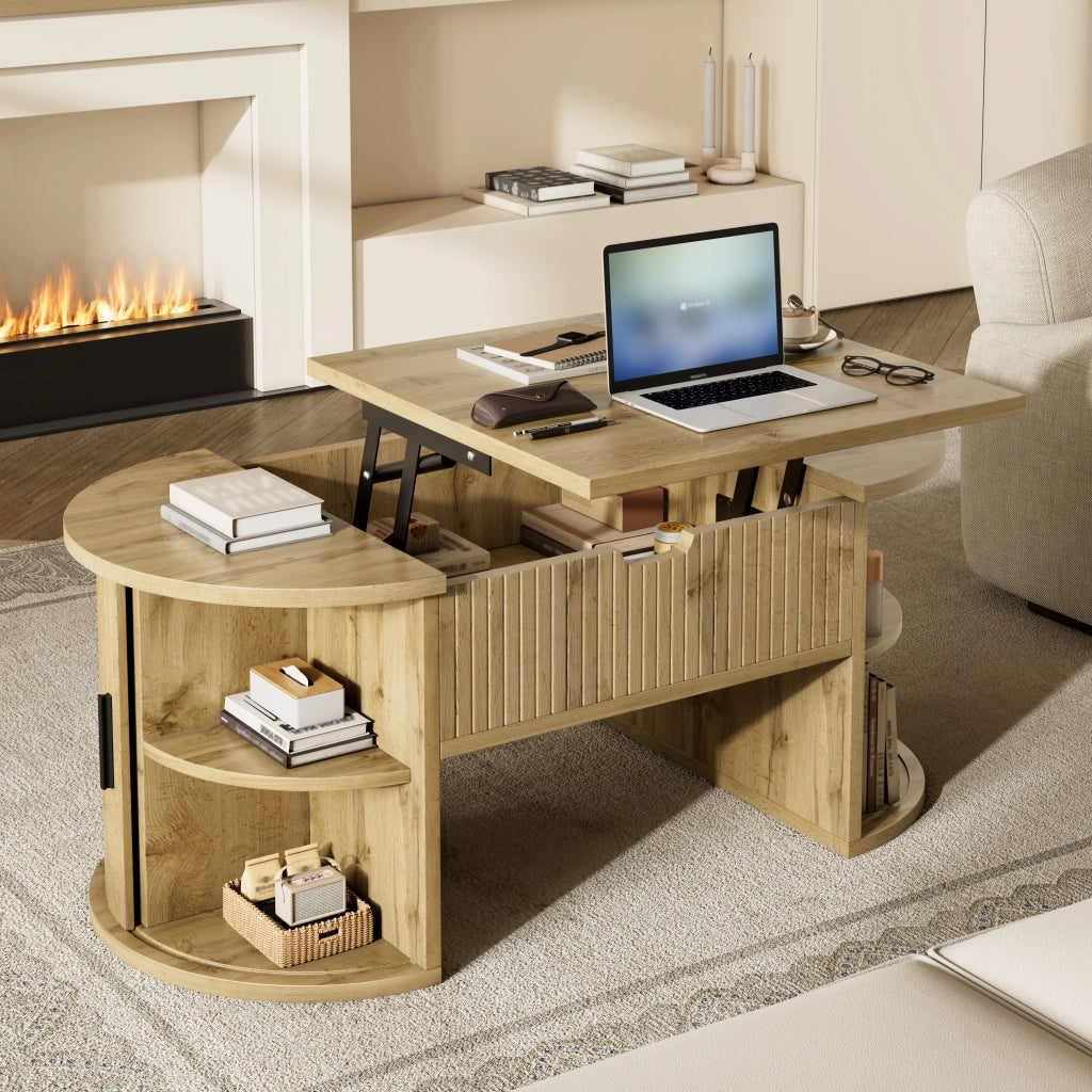 Tavolino da salotto ovale 100 × 50 × 40,5 cm con piano regolabile ante scorrevoli in MDF color rovere e ripiani aperti